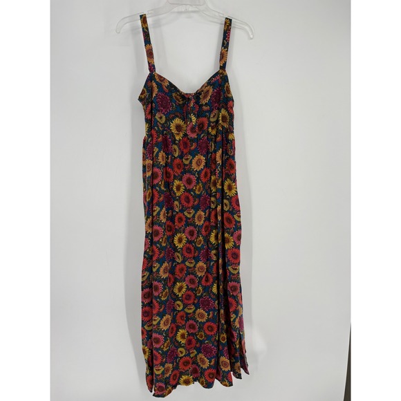 NATURAL LIFE Dresses & Skirts - Natural Life Dress Womens M Blue Sunflower Floral Tie Front Midi Boho Rayon